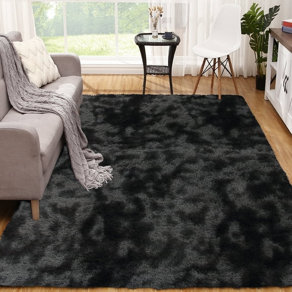 ZACOO 5' x 8' Fluffy Shaggy Soft Area Rug for Living Room Dorm Home Decor Aesthetic, Tie-dye Gray/Black