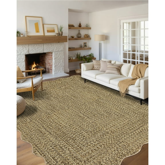 ZACOO 5'x7' Braided Print Area Rug, Scalloped Washable Carpet, Non Slip Low Pile Soft Indoor Rugs for Home Office Kitchen, Tan
