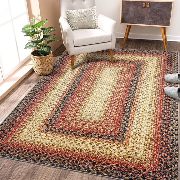 ZACOO 5'x7' Braided Texture Multi Border Area Rug Foldable Anti‑Pilling Machine Washable Non‑Slip Carpet for Living Room Entryway Dining Room, Red