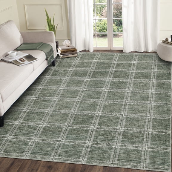 ZACOO 5'x7' Machine Washable Area Rug, Non‑Slip Ultra Thin Plaid Grid Printed Carpet for Dorm Home Office Playroom, Green