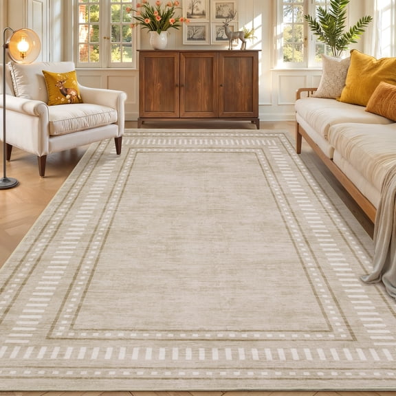 ZACOO 5'x7' Modern Bordered Area Rug Soft Low Pile Non-Slip Washable Carpet Indoor Foldable Accent Rug for Dining Room Home Office, Tan
