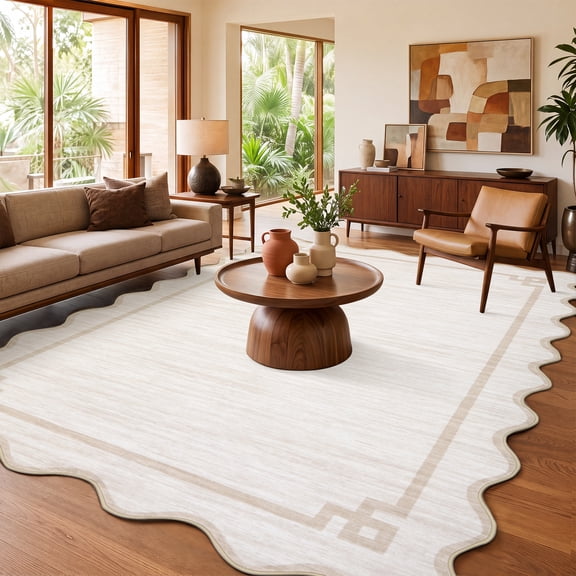 ZACOO 5'x7' Scalloped Edge Area Rug,Geometric Solid Machine Washable Ultra Thin Non Slip Carpet for Dorm Home Office Playroom, Beige White