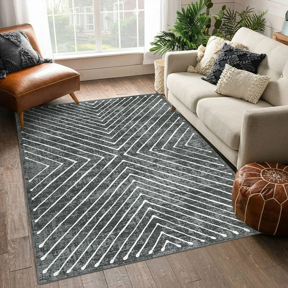 ZACOO 5'x7' Living Room Modern Farmhouse Washable Soft Lines Geometric Accent Rug Non Skid Low-Pile Carpet Indoor Floor Cover for Bedroom, Dark Gray