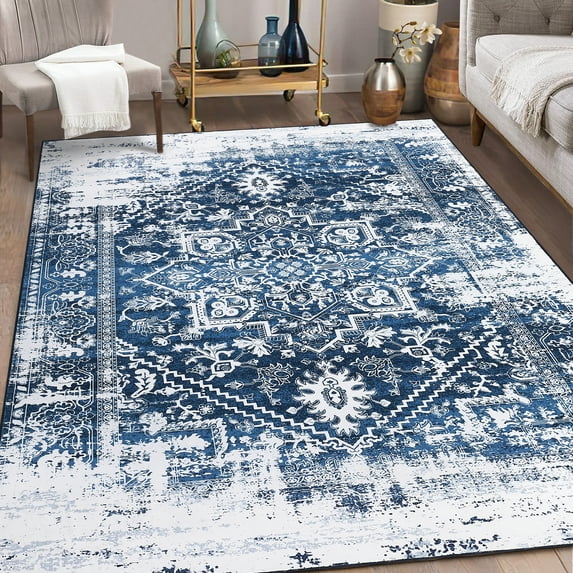 ZACOO 5'x7' Vintage Persian Rug Floral Medallion Area Rug Oriental Boho Print Rug Non Shedding Soft Foldable Throw Carpet for Dorm Nursery, Navy Blue