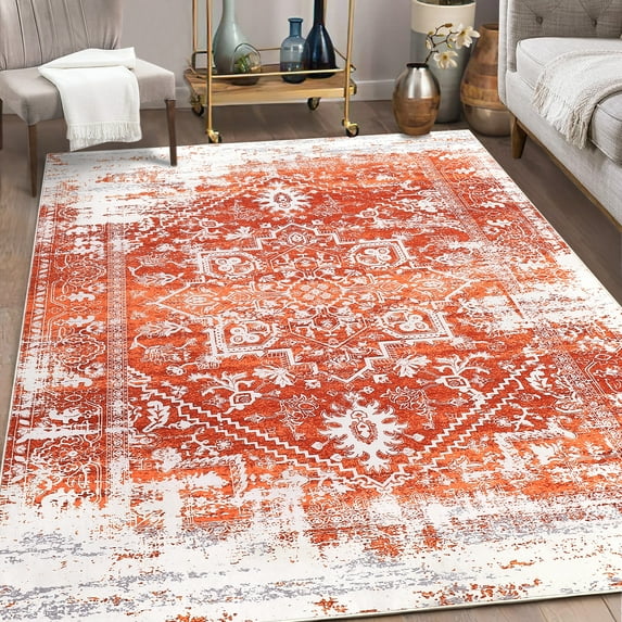 ZACOO 5'x7' Vintage Persian Rug Floral Medallion Area Rug Oriental Boho Print Rug Non Shedding Soft Foldable Throw Carpet for Dorm Nursery, Orange