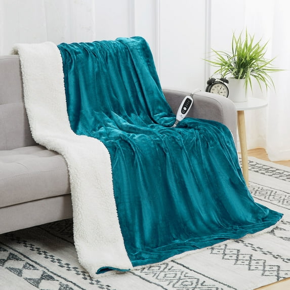 ZACOO 50"x60" Teal Electric Heated Blanket Throw, Thick Flannel Sherpa Reversible Fast Electric Heating Blanket Throw with Overheating Protection