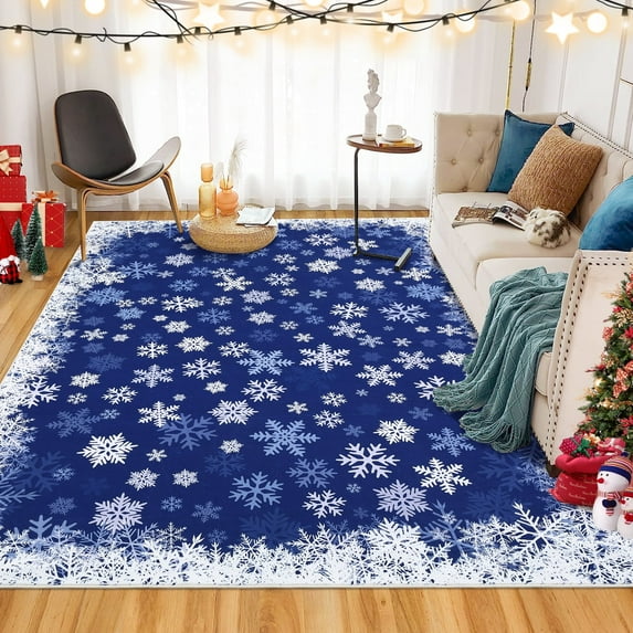ZACOO 5x7 Christmas Washable Area Rug Xmas Snowflake Area Rugs for Dining Bedroom Decor, Blue