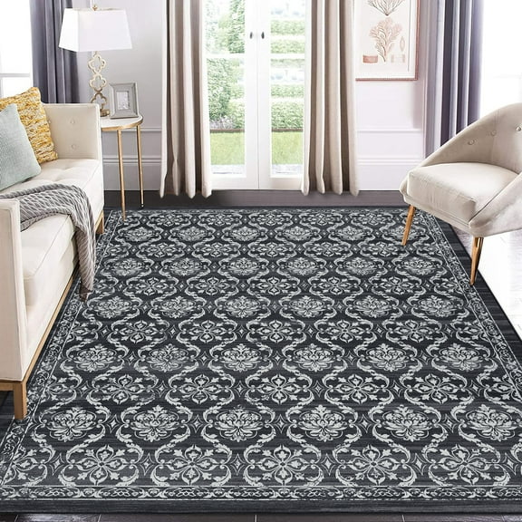 ZACOO 5x7 Feet Vintage Floral Print Rug Washable Area Rug for Living Room Bedroom Oriental Floral Distressed Accent Rug Black