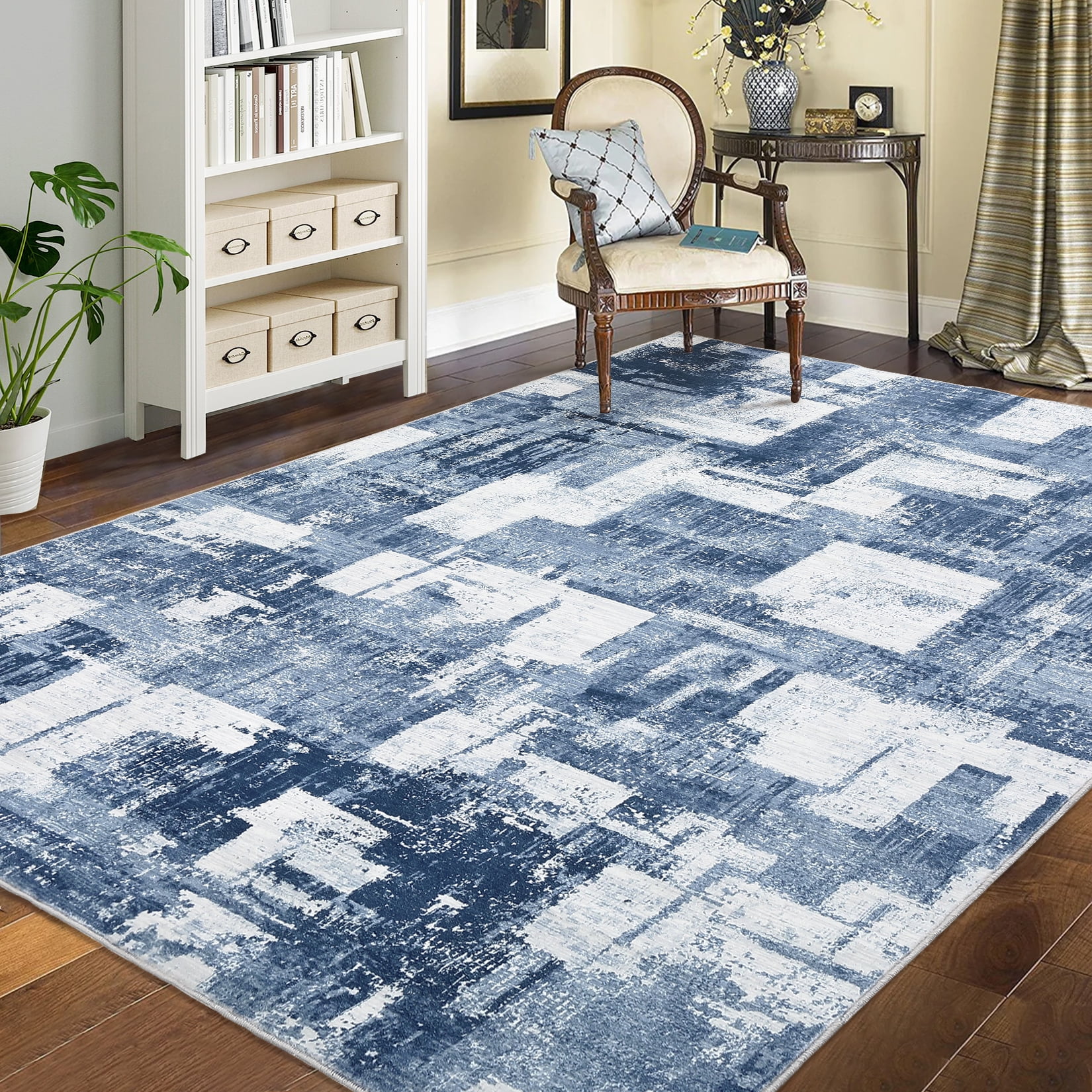Gray and Blue Abstract Washable Wool Blend 5' x 7' Rug