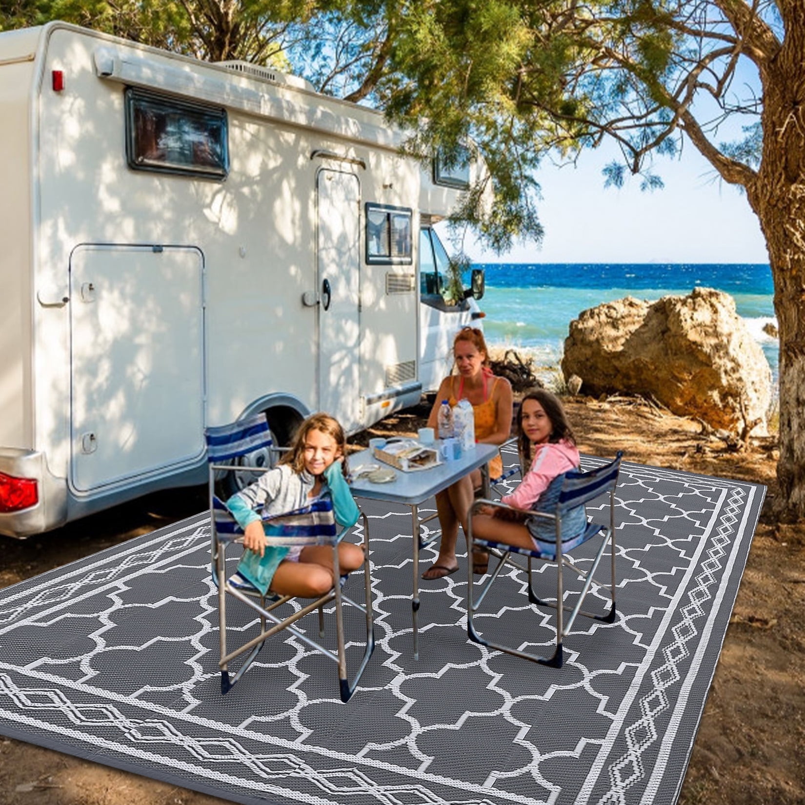 ZACOO 5x8 Feet Waterproof Outdoor Rug Camping Area Rug Modern Geometric Portable Rugs for RV Porch Balcony Picnic Outdoor Area Rugs, Grey
