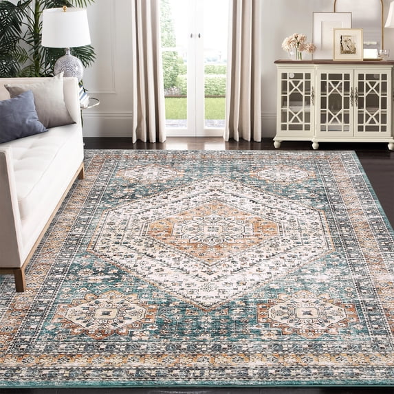 ZACOO 6' x 9' Machine Washable Area Rug Traditional Rug Floral Print Distressed Rug Foldable Thin Rug Geometric Pattern Throw Rug, Green