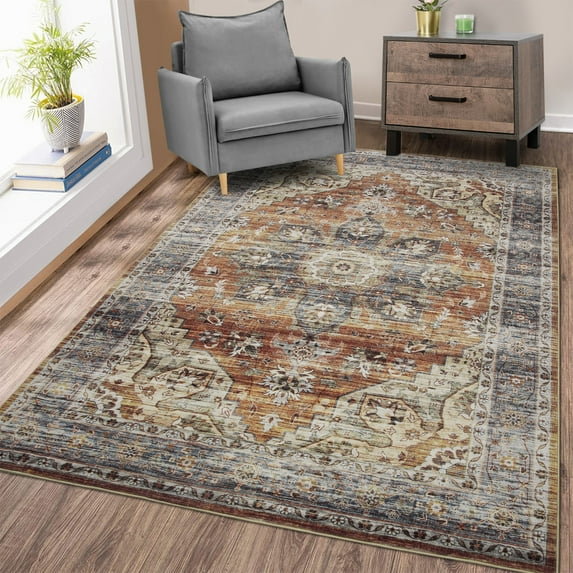ZACOO 6' x 9' Machine Washable Area Rug Vintage Persian Distressed Rug Indoor Non-Slip Low Pile Accent Carpet for Home Decor, Brown