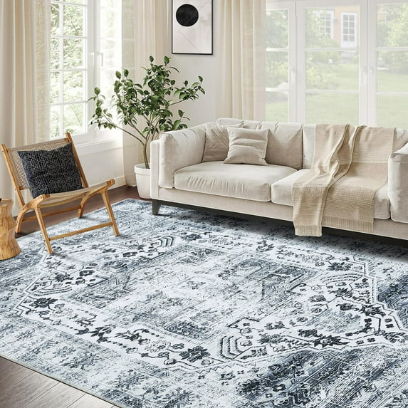 ZACOO 6' x 9' Vintage Rug Distressed Print Carpet Rug Low Pile Stain Resistant Foldable Chenille Thin Rug for Living Room Bedroom, Gray Flower