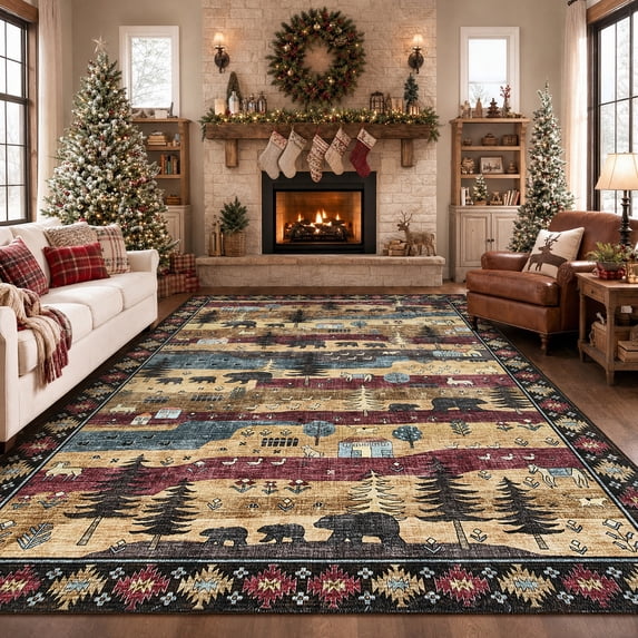Ear Rug ZACOO 6'x9' Christmas Machine Washable Area Rug, Forest Bear Low Pile ...