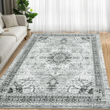 ZACOO 8' x 10' Grey Area Rugs Vintage Distressed Carpet Floral Pattern Rug Anti-Slip Stain-Resistant Rug for Living Room Bedroom