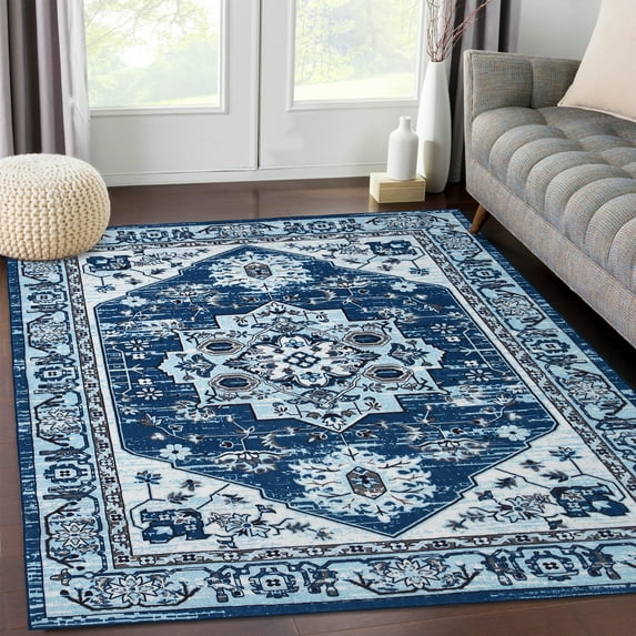 ZACOO 8' x 10' Vintage Persian Area Rug Low Pile Non-Slip Stain Resistant Rug Traditional Print Carpet for Home Decor, Navy Blue