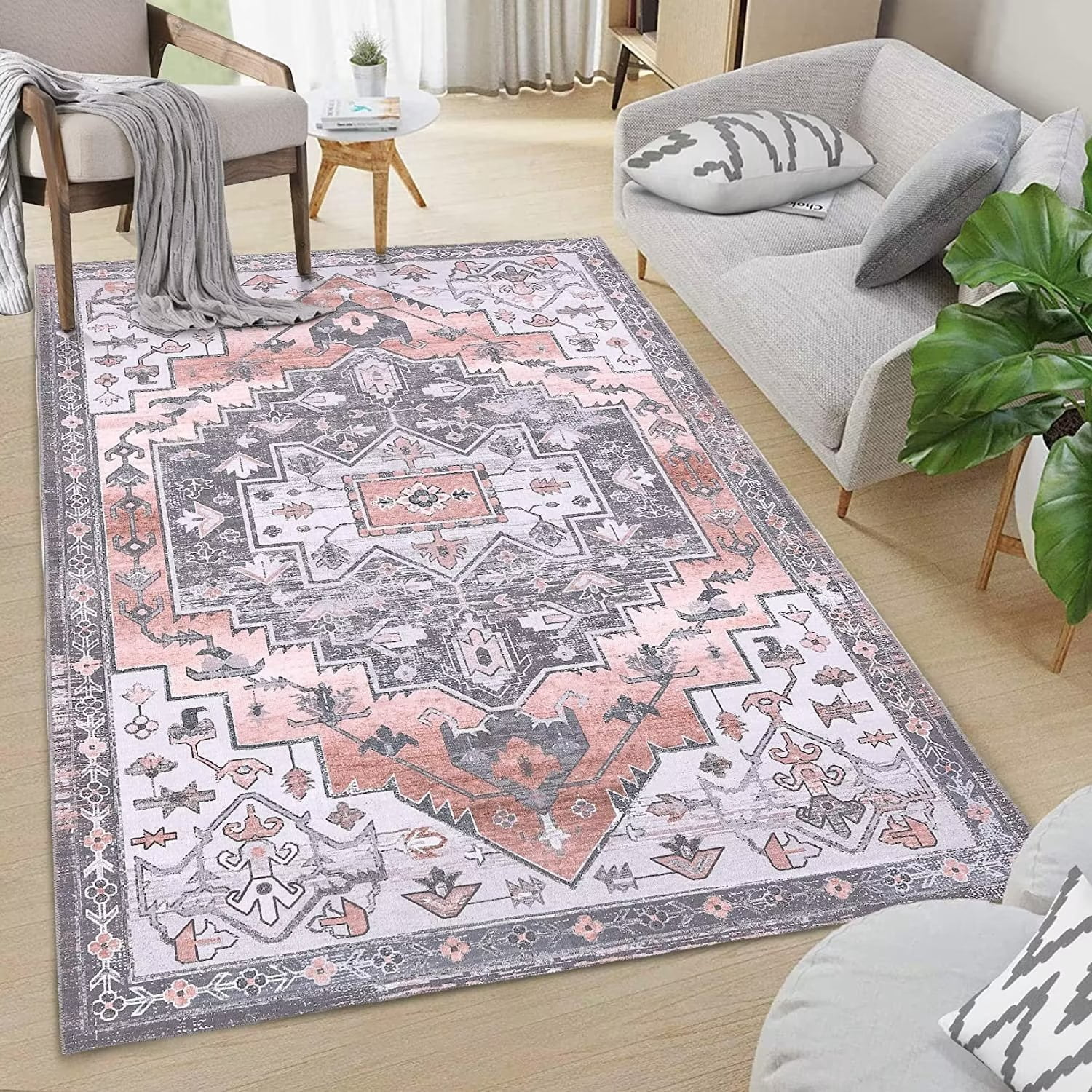 Zacoo Washable Bohemian Moroccan Area Rug, 8' x 10', Persian Peach ...