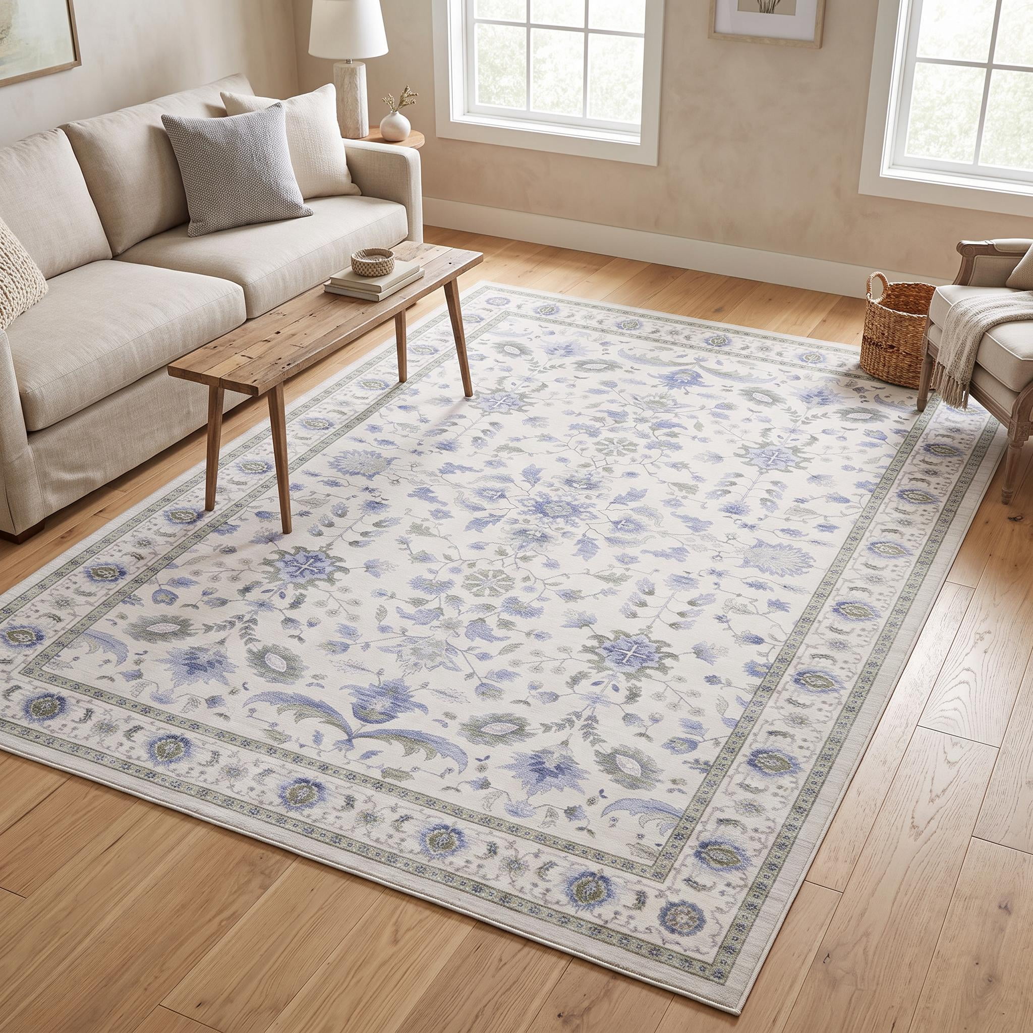 Beige Border Rug ZACOO 8'x10' Area Rug, Machine Washable Floral Ornate Border Ultra‑Thin ...