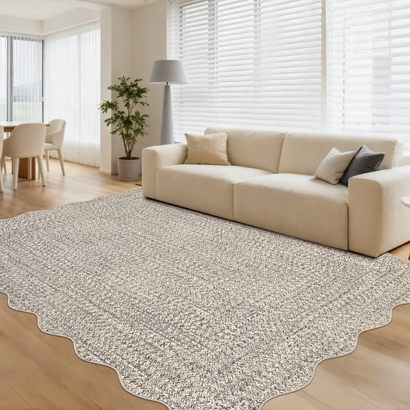 ZACOO 8'x10' Braided Print Area Rug, Scalloped Washable Carpet, Non Slip Low Pile Soft Indoor Rugs for Living Room Bedroom, Beige Gray