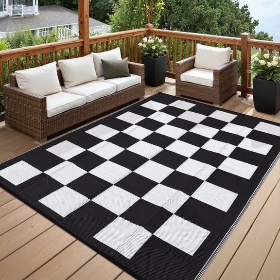 ZACOO 8'x10' Checkerboard Outdoor Rug, Waterproof UV Resistant Patio Mat for Outdoor RV Deck, Black White