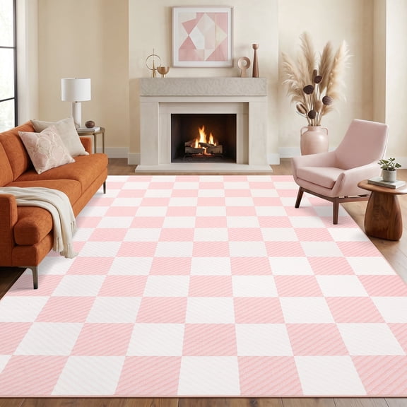 ZACOO 8'x10' Checkered Grid Area Rug, Machine Washable Low Pile Non-Slip Indoor Rug for Living Room Bedroom Kitchen Entryway, Light Pink
