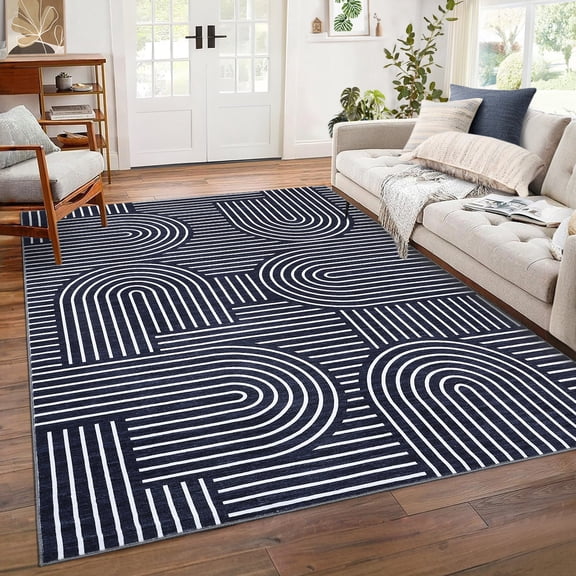 ZACOO 8'x10' Curved Arch Geometric Indoor Rug, Washable Low Pile Non-Slip Abstract Line Floor Mat for Bedroom Living Room, Blue