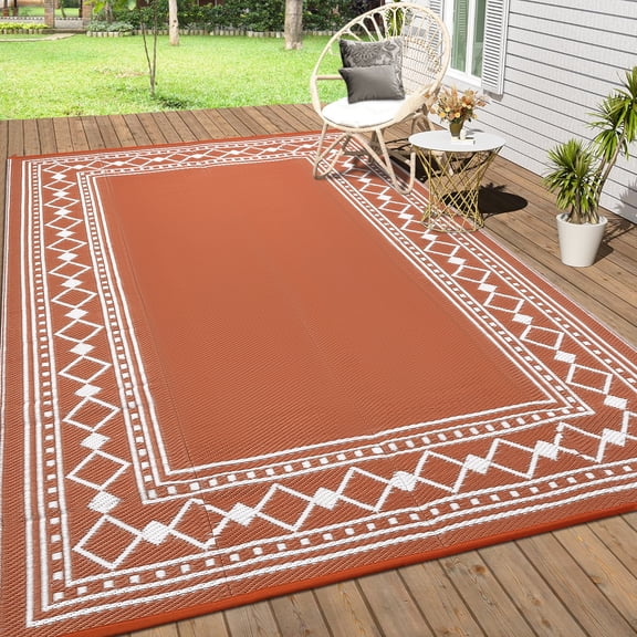 ZACOO 8'x10' Geometric Border Outdoor Rug, Waterproof UV Resistant Patio Carpet with Corner Ties for Patio Deck Balcony RV Beach Use, Terracotta Orange
