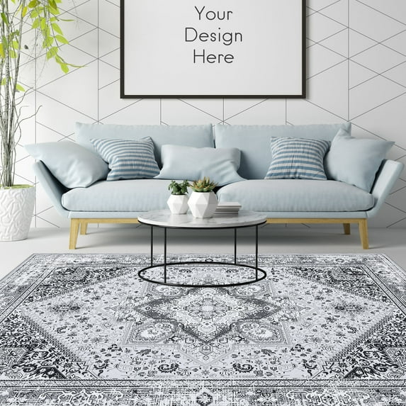 ZACOO 8'x10' Machine Washable Area Rug Vintage Persian Boho Rug Non-Shedding Floor Cover Soft Foldable Rug for Dining Room Home Office, Gray