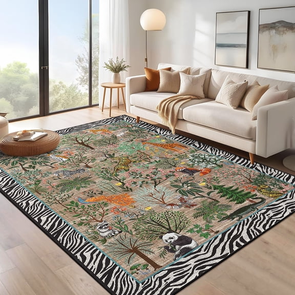 ZACOO 8'x10' Machine Washable Area Rug, Whimsical Animal Print Non‑Slip Low‑Pile Foldable Carpet for Bedroom Game Room Study Room, Natural Linen