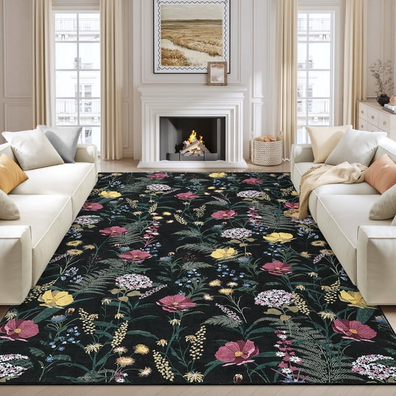ZACOO 8'x10' Modern Floral Print Area Rug, Machine Washable Ultra Thin Non Slip Carpet for Bedroom Game Room Study Room, Black