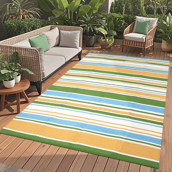 ZACOO 8'x10' Modern Stripe Outdoor Rug, Waterproof UV Resistant Patio Carpet with Corner Ties for Patio Deck Balcony RV Beach Use, Yellow Multi