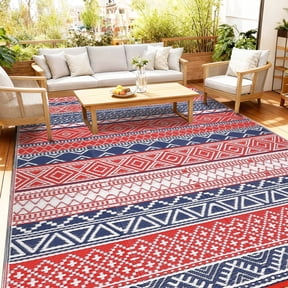 ZACOO 8'x10' Geometric Stripe Outdoor Rug, Waterproof UV Resistant Patio Mat for Outdoor RV Deck, Red Multi