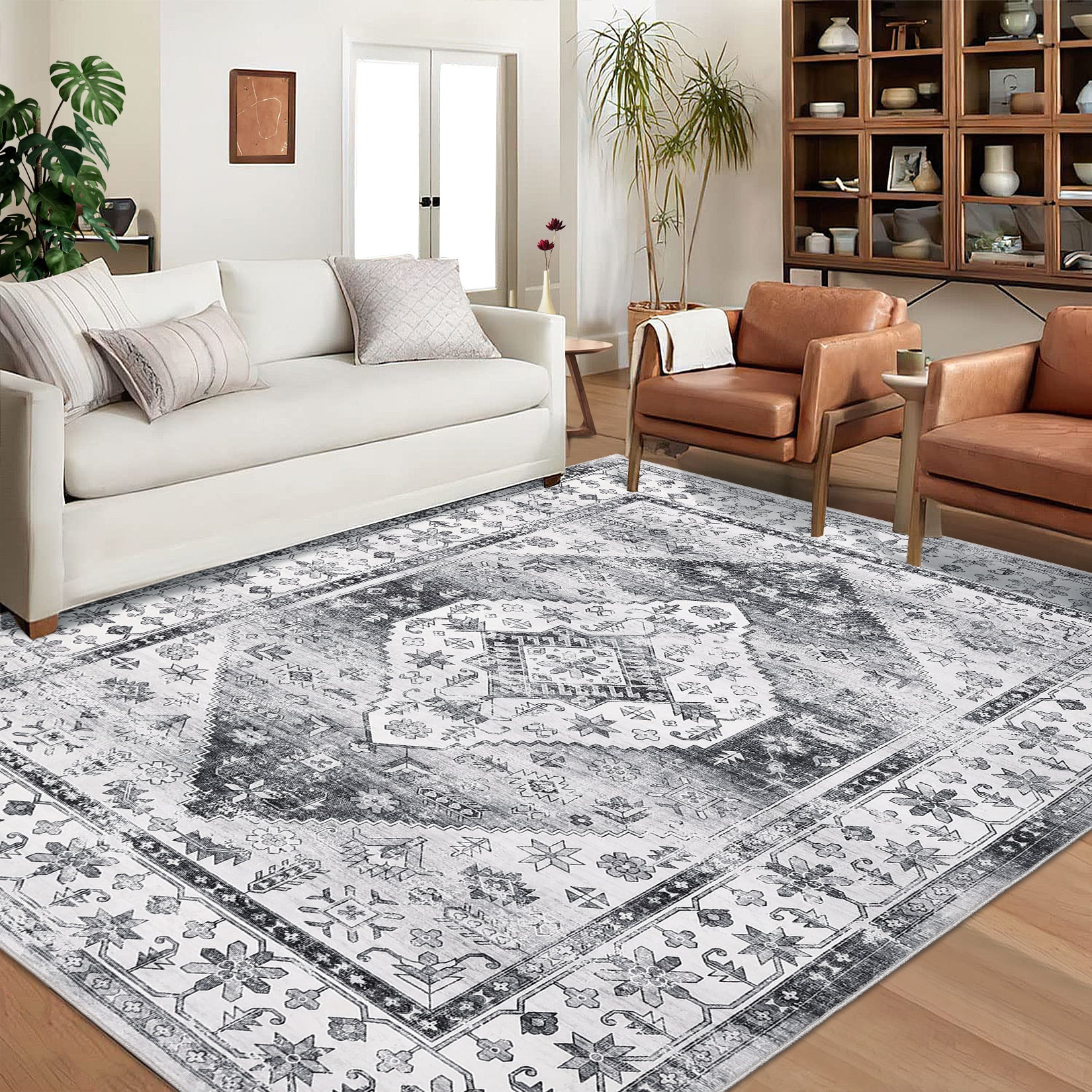 ZACOO 8'x10' Washable Rug Non Slip Vintage Oriental Rug Foldable Rug Retro Medallion Carpet for Living Room Bedroom,Grey