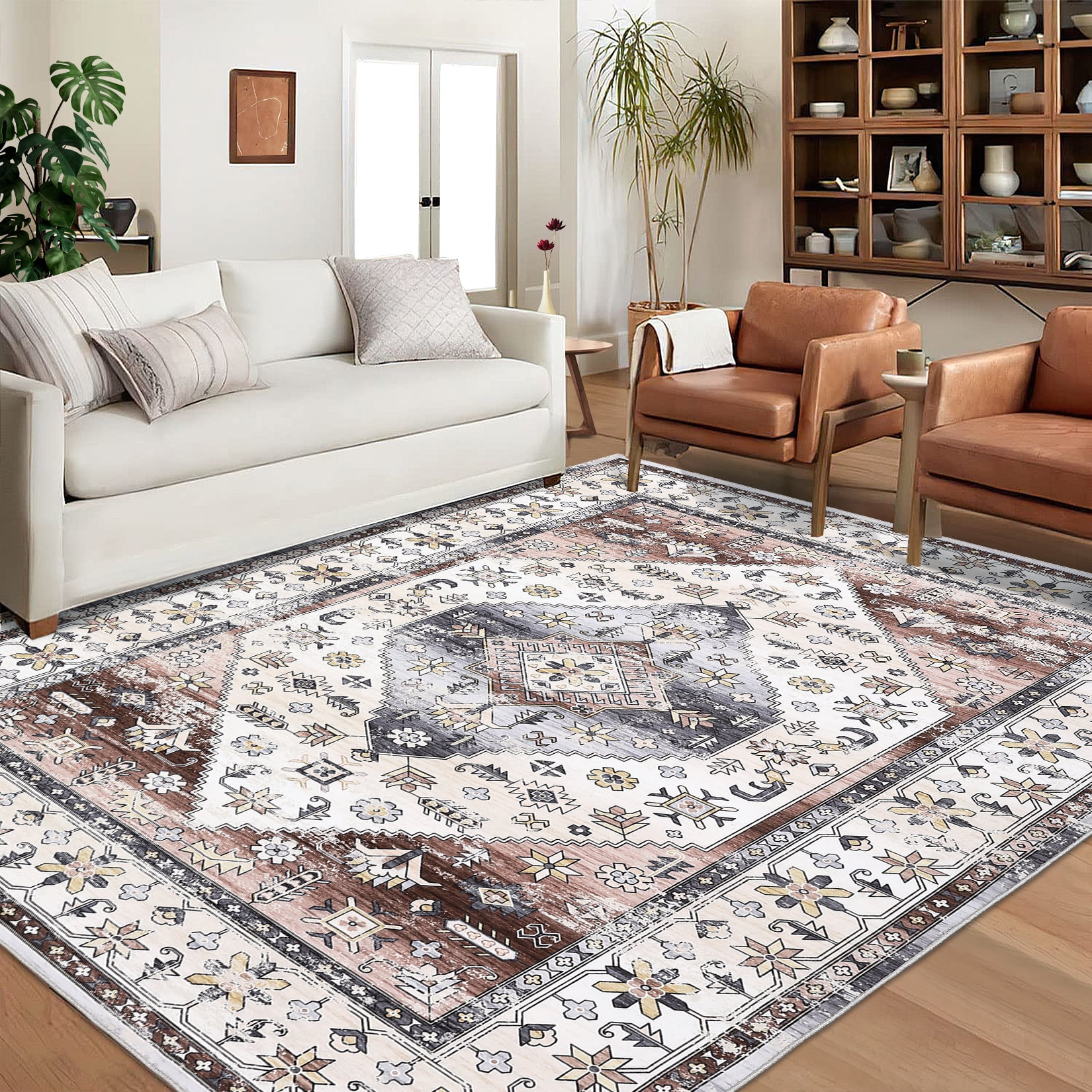 ZACOO 8'x10' Washable Rug Non Slip Vintage Oriental Rug Foldable Rug Retro Medallion Carpet for Living Room Bedroom,Rusty Red