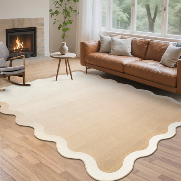 ZACOO 8'x10' Wavy Scalloped Edge Gradient Area Rug, Machine Washable Low Pile Non-Slip Indoor Rug for Living Room Bedroom Kitchen Entryway, Beige