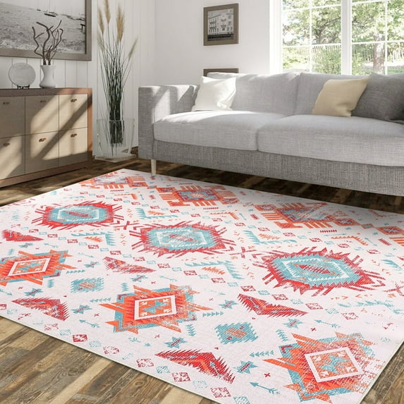 ZACOO 8x10 Boho Area Rug Machine Washable Living Room Rug Ultra-Thin Non Slip Rug Non-Shedding Foldable Accent Rug, Red/Blue