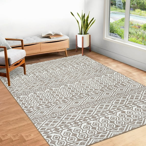 ZACOO 8x10 Large Vintage Geometric Area Rug Machine Washable Living Room Rug Ultra-Thin Non Slip Rug Non-Shedding Foldable Accent Rug, Beige