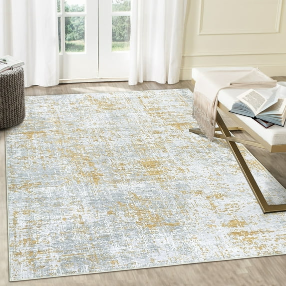ZACOO 8x10 Modern Area Rug Machine Washable Living Room Rug Indoor Floor Cover for Bedroom Dining Room Office Ultra-Thin Non Slip Rug Non-Shedding Foldable Accent Rug, Grey/Yellow