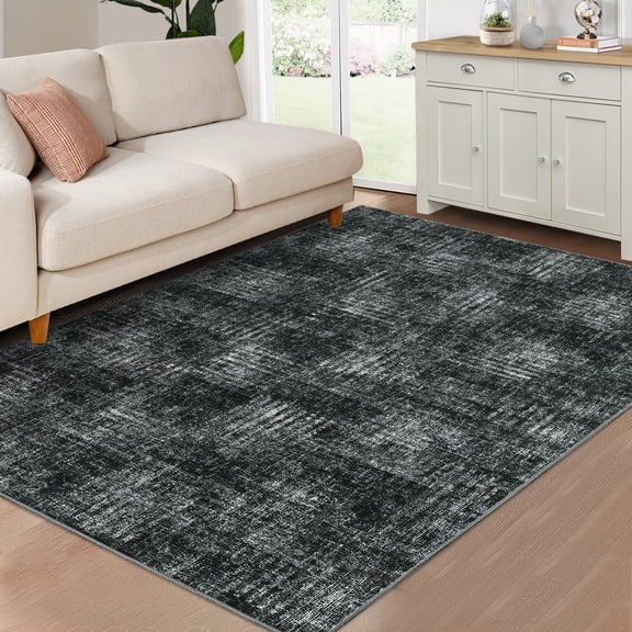 ZACOO 8x10 Modern Plaid Checkered Accent Rug Machine Washable Living Room Rug Indoor Floor Cover for Office, Dark Grey