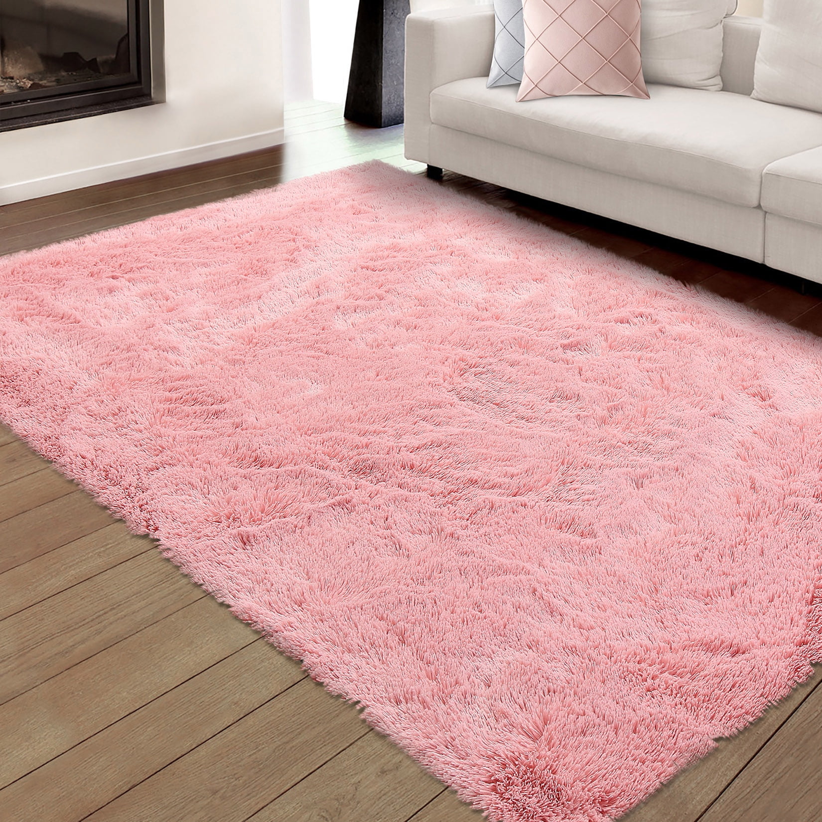 Pink 8' x 10' Shag Synthetic Fur Area Rug with Memory Foam