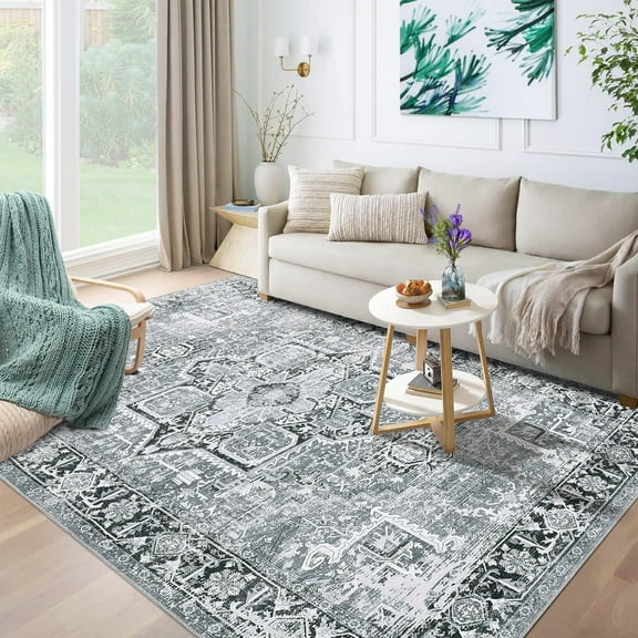 ZACOO 8x10 Vintage Area Rug Machine Washable Living Room Rug Indoor Floor Cover for Bedroom Dining Room Office Ultra-Thin Non Slip Rug Non-Shedding Foldable Accent Rug, Gray
