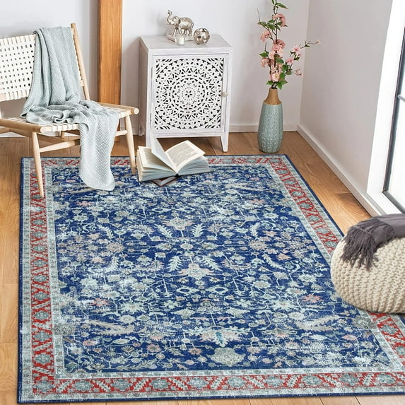 ZACOO 8x10 Vintage Area Rug Machine Washable Living Room Rug Indoor Floor Cover for Bedroom Dining Room Office Ultra-Thin Non Slip Rug Non-Shedding Foldable Accent Rug, Blue