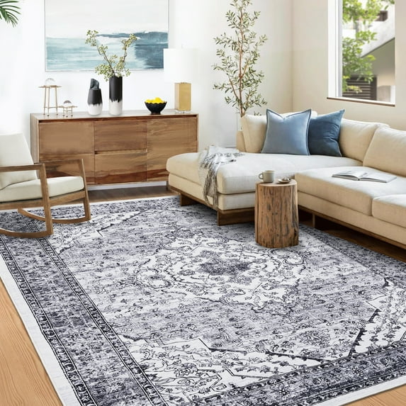 ZACOO 8x10 Vintage Area Rug Machine Washable Living Room Rug Indoor Floor Cover for Bedroom Dining Room Office Foldable Accent Rug, Grey