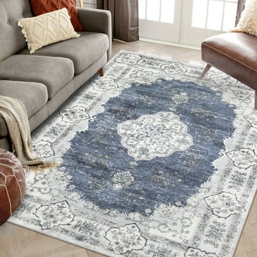 ZACOO 8x10 Vintage Oriental Large Area Rug Machine Washable Living Room Rug Ultra-Thin Non Slip Rug Non-Shedding Stain Resistant Carpet, Blue