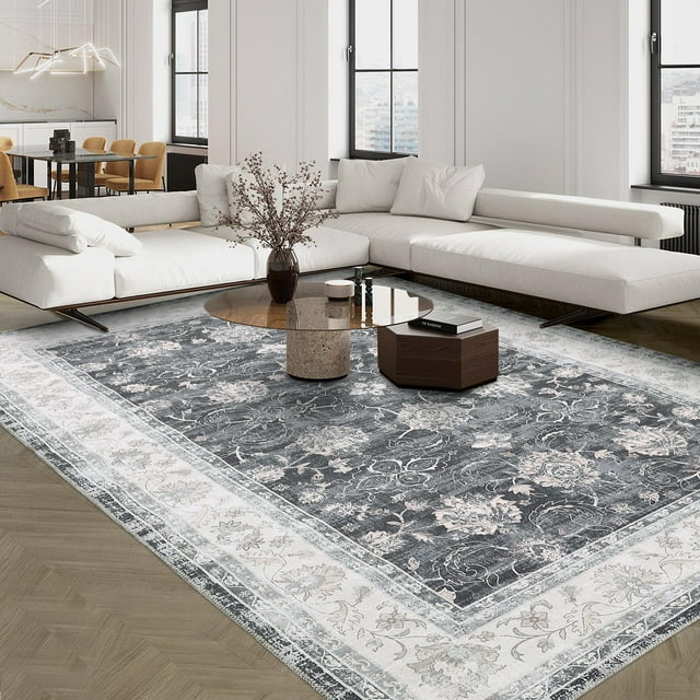 ZACOO 8x10 Washable Rugs for Living Room Vintage Area Rug for Bedroom Non Slip Rug Office Rug Classroom Rug, Black/Grey