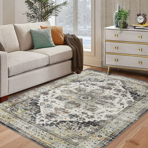 ZACOO 9' x 12' Large Area Rug for Living Room Bedroom Machine Washable Area Rug Non-Slip Low Pile Rug Soft Foldable Accent Rug Vintage Floral Rug Grey