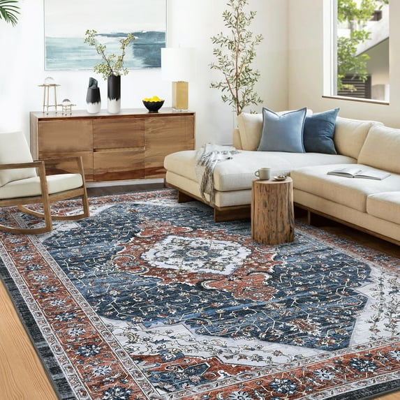 ZACOO 9' x 12' Large Area Rug for Living Room Bedroom Machine Washable Area Rug Non-Slip Low Pile Rug Soft Foldable Accent Rug Vintage Floral Rug Blue