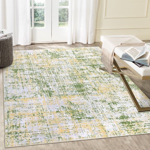 ZACOO 9' x 12' Large Area Rug for Living Room Bedroom Machine Washable Rug Non-Slip Low Pile Rug Soft Foldable Accent Rug Modern Floral Rug Yellow/Green