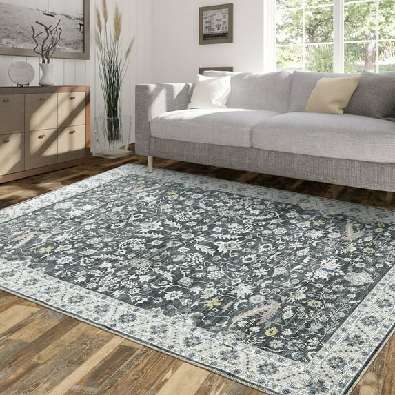ZACOO 9' x 12' Large Area Rug Vintage Accent Rug Floral Printed Carpet Persian Boho Chenille Floor Cover Soft Foldable Thin Rug, Gray
