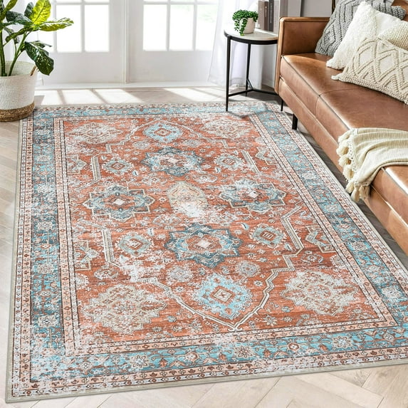 ZACOO 9' x 12' Large Area Rug for Living Room Bedroom Vintage Boho Rug Non-Slip Soft Foldable Accent Rug for Bedroom Office Dining Room, Terracotta